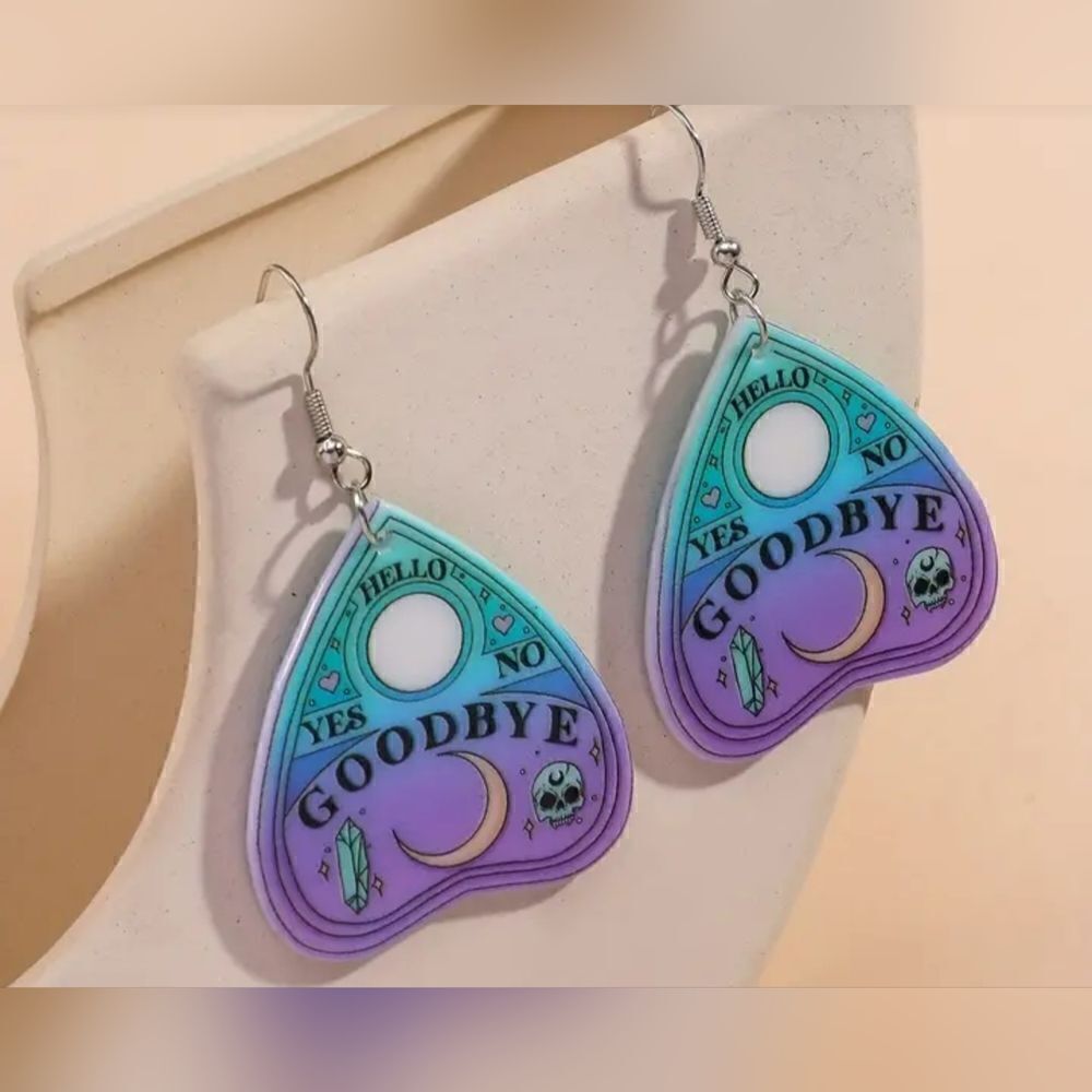 New Fun Dangle Ouija Planchet Halloween Earrings Blue and Lavender